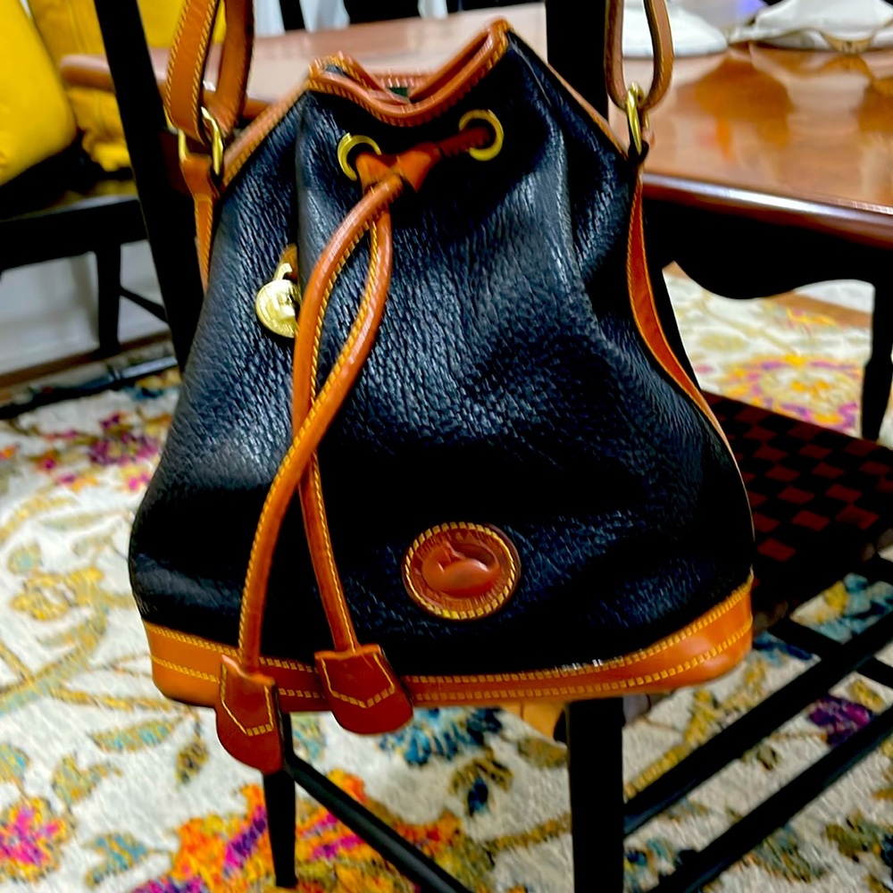 VTG Dooney & Bourke Drawstring Hobo Bag All Weather Leather Black and Tan
